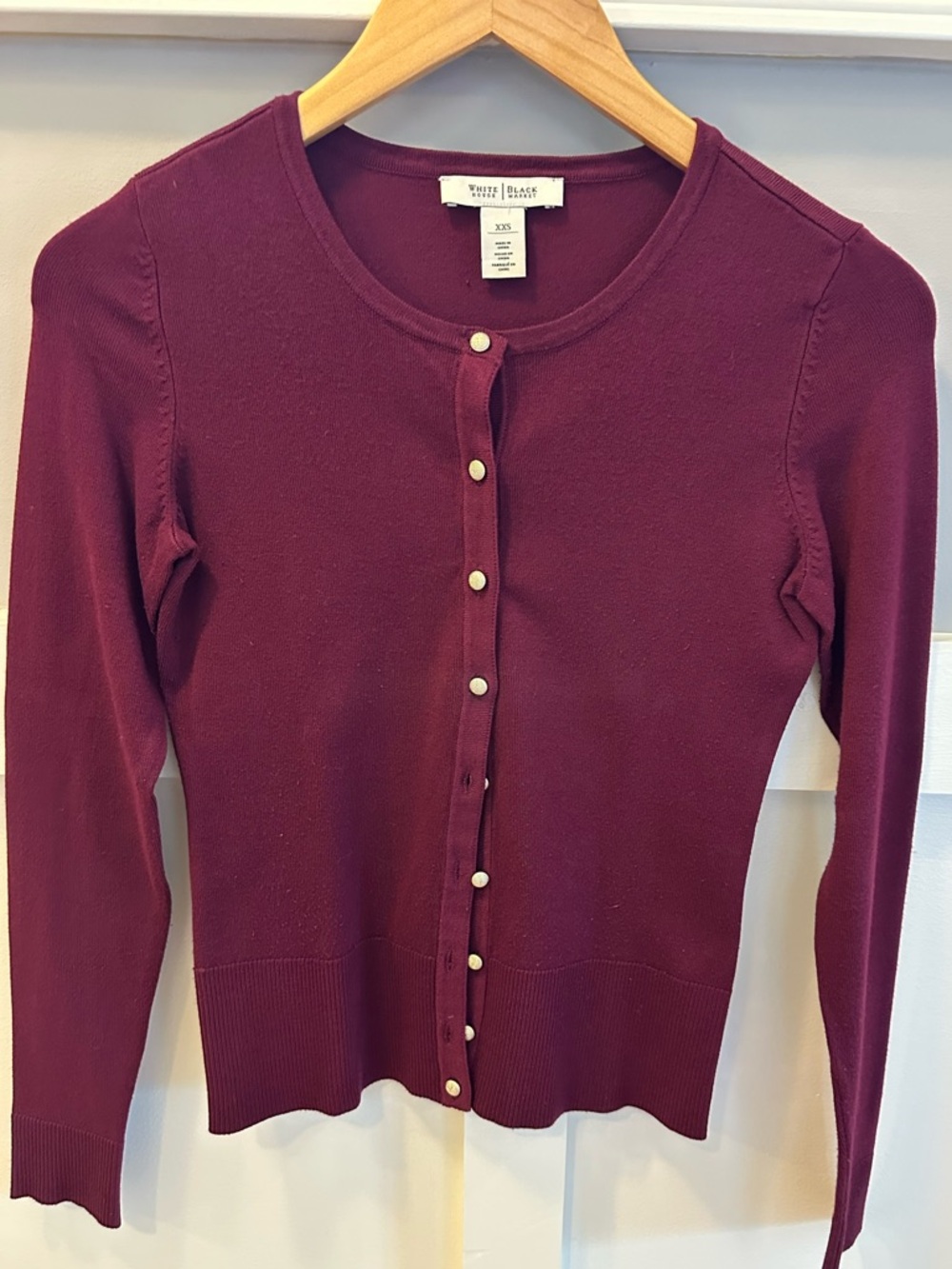 White House Black Market Deep Plum Pearl-Button Cardigan